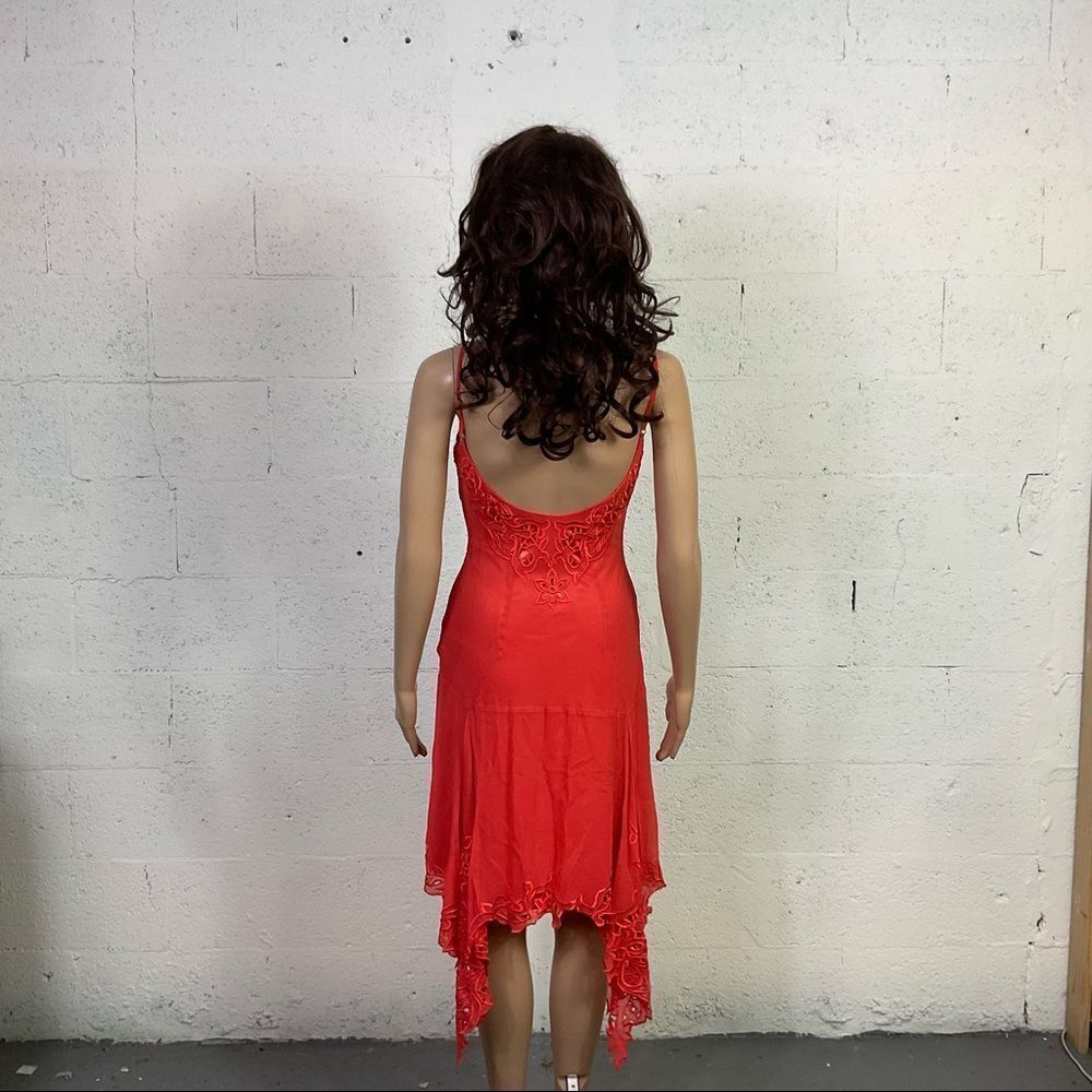 Sue Wong Orange Lace Sleeveless Asymmetrical Silk Babydoll Slip Midi Dress 4 - Picture 5 of 9